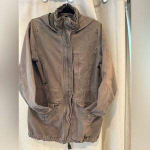 PTP 20 inches length 28. This jacket has a really cool tie at the back